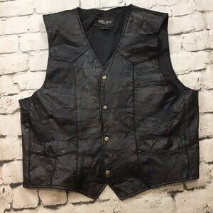 Milan Leather Vest Mens Sz‎ XL Black Patchwork Snap-Up Vintage Biker Motorcycle